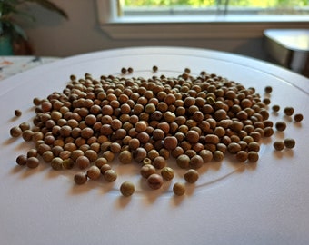 May include: A pile of small, round, brown and green seeds on a white surface.