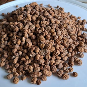 May include: A pile of dried tiger nuts, also known as chufa nuts, on a white plate. The nuts are small, round, and have a light brown color. The plate is round with a slightly raised edge.