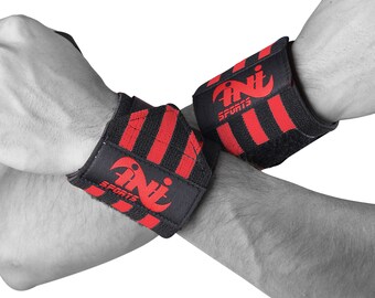 Avvolgimenti da polso per sollevamento pesi Power Gym Training Straps Hand Bar Grip Support Brace 2 taglie Black & Red