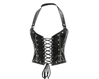 Black Leather OverBust Corset with Shoulder Straps - Antique corset