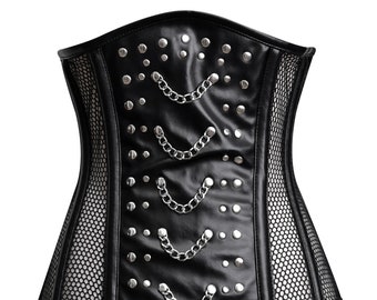 Haut corset en résille noir - Corset clouté - Corset en cuir noir