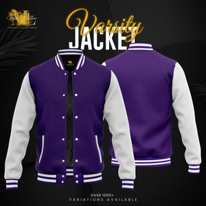 Purple Wool Varsity Baseball Letterman College Bomber Jacket w/ Real White Cowhide Leather Sleeves XS-4XL(All Color Available)