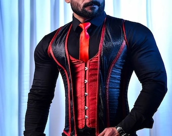 Red and Black Handcrafted Corset Vest For Men