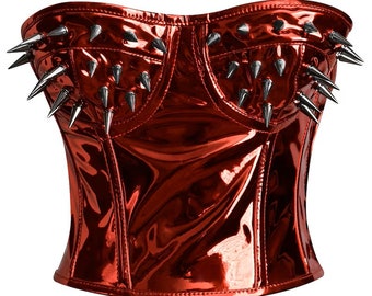 Corset désossé en acier ~ fait main ~ corset haut bustier / grande taille ~ corset d'entraînement à la taille / haut à pointes rouges