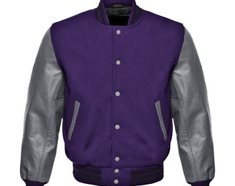 Purple Varsity Baseball Letterman College Bomber Jacket w/ Real Gray Cowhide Leather Sleeves XS-4XL(All Color Available)
