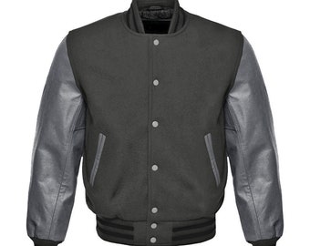 Black Varsity Baseball Letterman College Bomber Jacket w/ Real Gray Cowhide Leather Sleeves XS-4XL(All Color Available)