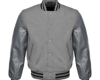 Maroon Varsity Baseball Letterman College Bomber Jacket w/ Real Gray Cowhide Leather Sleeves XS-4XL(All Color Available)