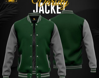 Dark Green Varsity Baseball Letterman College Bomber Jacket w/ Real Gray Cowhide Leather Sleeves XS-4XL(All Color Available)