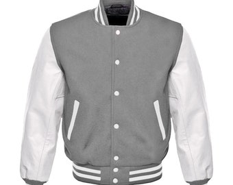 Gray Varsity Baseball Letterman College Bomber Jacket w/ Real White Cowhide Leather Sleeves XS-4XL(All Color Available)