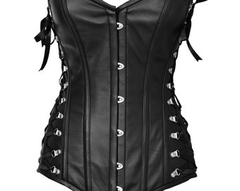 Steel boned corset/Over bust corset/Black leather corset/Plus size bustier