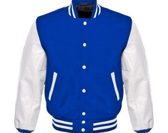 Royal Blue Varsity Baseball Letterman College Bomber Jacket w/ Real White Cowhide Leather Sleeves XS-4XL(All Color Available)