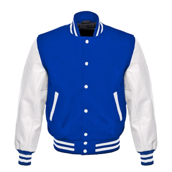 Royal Blue Wool Body & Bright White Leather Sleeves Letterman Jacket