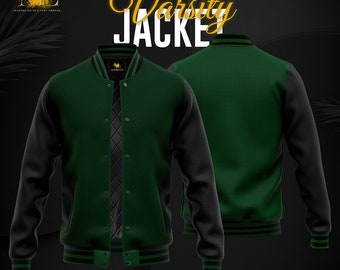 Green Varsity Baseball Letterman College Bomber Jacket w/ Real Black Cowhide Leather Sleeves