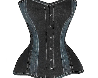 Denim lace up corset - OverBust Corset- Antique corset - Burlesque Corset