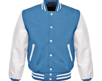 Sky Blue Varsity Baseball Letterman College Bomber Jacket w/ Real White Cowhide Leather Sleeves XS-4XL(All Color Available)