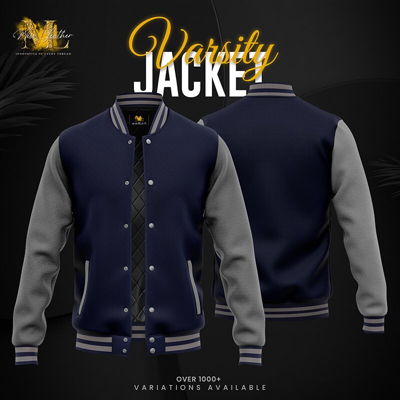 Navy Blue Varsity Jacket Kids Drive Jacket Baseball Letterman College Bomber Gray Cowhide Leather Sleeves Etsy Ireland