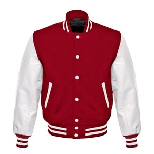 Maroon Varsity Baseball Letterman College Bomber Jacket W/ Real White ...
