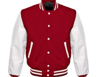 Maroon Varsity Baseball Letterman College Bomber Jacket w/ Real White Cowhide Leather Sleeves XS-4XL(All Color Available)