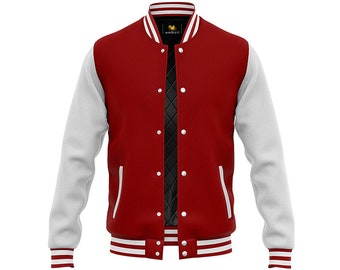 Men's Red Varsity Jacket | Kids Drive Jacket | Baseball Letterman College Bomber | Real White Cowhide Leather Sleeves