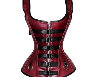 Red and black corset top - OverBust Corset with Shoulder Straps - Antique corset - Burlesque Corset