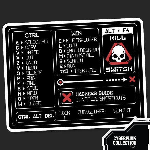 Windows Shortcut Cyberpunk Sticker | Hackers Guide Sticker | Hi-Tech Decal Sticker | Black and Red Sticker | Sci-fi Sticker | Vinyl