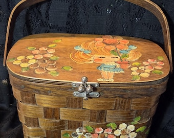 Retro 70s Woven Wood Basket Handbag | Hand Painted Flower & Girl Design | Vintage Wooden Box Purse Cottagecore Aesthetic | By Robin Adair