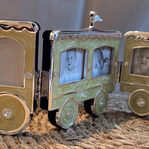 Vintage Enamel Baby Train Picture Frame Silver Trim Mint Green Nursery Decor Multi Photo Hinged Frame Christening Shower Gift