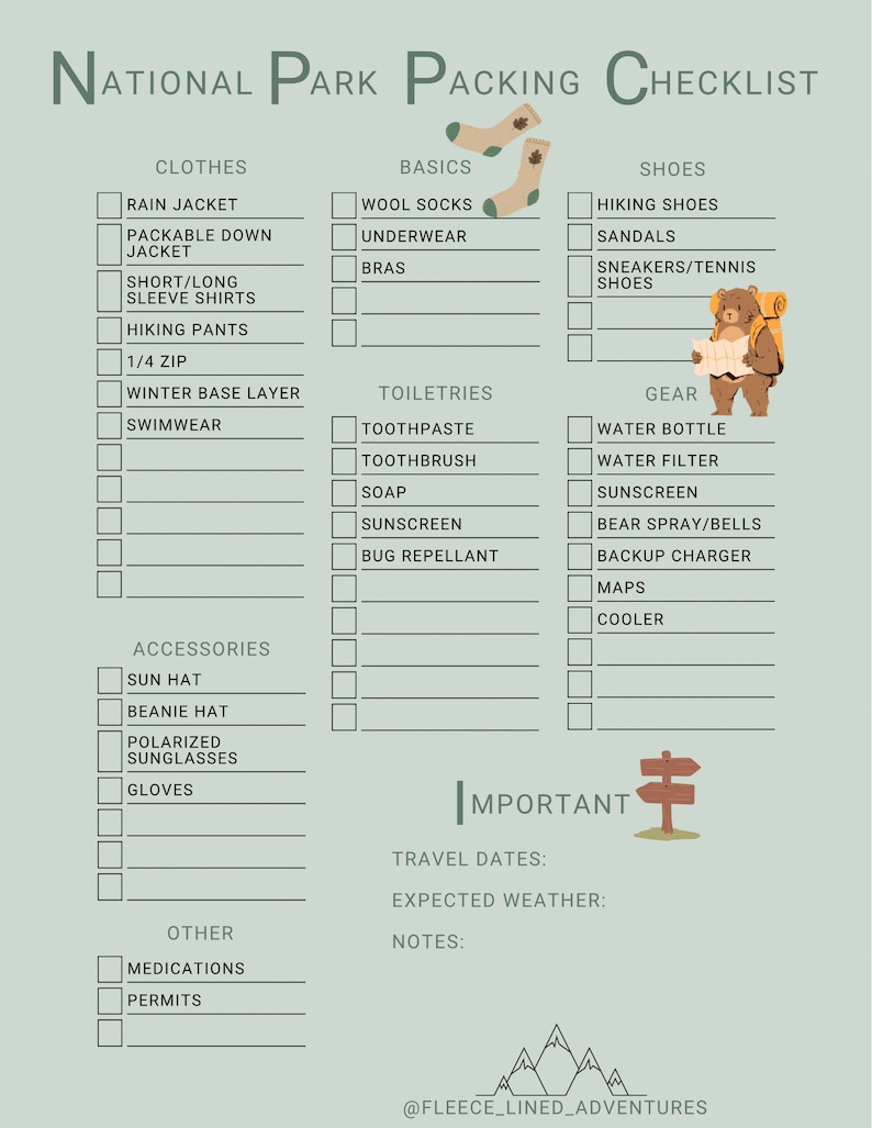 National Park Packing Checklist Etsy
