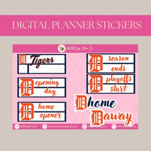 Puede incluir: Pegatinas de planificador digital con un fondo rosa y el texto "DIGITAL PLANNER STICKERS". Las pegatinas presentan las palabras "Tigers", "opening day", "home opener", "season ends", "playoffs start", "home" y "away".