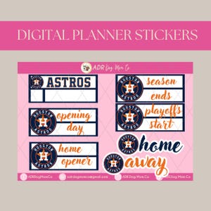 Puede incluir: Pegatinas digitales para planificador con diseños del equipo de béisbol Houston Astros. Las pegatinas incluyen frases como "Astros", "Opening Day", "Home Opener", "Season Ends", "Playoffs Start", "Home" y "Away". Las pegatinas son en azul marino, naranja y blanco.