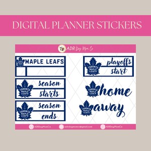 May include: Digital planner stickers featuring Toronto Maple Leafs logos and text. The stickers include phrases like "Maple Leafs," "season starts," "season ends," "playoffs start," "home," and "away." The design is in navy blue and white.