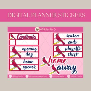 Puede incluir: Pegatinas digitales para planificador con fondo rosa. Las pegatinas presentan cardenales rojos posados en bates de béisbol amarillos. El texto incluye "Cardinals", "opening day", "home opener", "season ends", "playoffs start", "home" y "away".