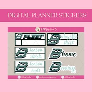 May include: Digital planner stickers with text including "Fleet", "Playoffs Start", "Season Starts", "Home", "Season Ends", and "Away". The stickers are in shades of green and white, with a pink background. The stickers are designed for digital planning.