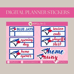 Puede incluir: Pegatinas digitales para planificador con gráficos del equipo de béisbol Blue Jays. Las pegatinas incluyen texto como "Blue Jays", "Opening Day", "Home Opener", "Season Ends", "Playoffs Start" y "Home Away". Las pegatinas son azules, rojas y blancas.