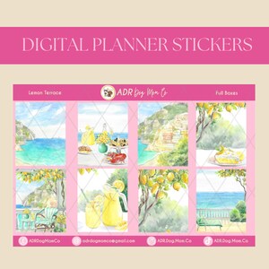 May include: A digital planner sticker sheet titled Lemon Terrace featuring eight rectangular watercolor illustrations of coastal scenes, lemon trees, lemonade, and outdoor dining, with the brand name ADR Dog Mom Co and social media handles.