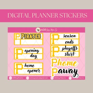 Puede incluir: Pegatinas digitales para planificador con fondo rosa y texto amarillo y blanco. Las pegatinas incluyen frases como "Pirates", "Opening Day", "Home Opener", "Season Ends", "Playoffs Start", "Home" y "Away".