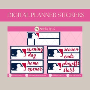 Puede incluir: Pegatinas digitales para planificador con diseños de béisbol. Las pegatinas presentan el logotipo de la MLB y frases como "Opening Day", "Home Opener", "Season Ends" y "Playoffs Start". El fondo es rosa con un patrón de diamantes.