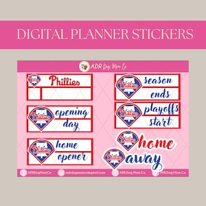 Puede incluir: Pegatinas digitales para planificador con el logotipo del equipo de béisbol de los Phillies. Las pegatinas son rojas, blancas y azules, con frases como "Opening Day", "Season Ends" y "Playoffs Start". El fondo es rosa.