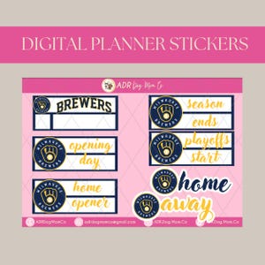 Puede incluir: Pegatinas digitales para planificador con gráficos del equipo de béisbol de los Cerveceros de Milwaukee. Las pegatinas incluyen texto como "Brewers", "Opening Day", "Season Ends" y "Playoffs Start". El diseño incorpora azul marino, blanco y dorado sobre un fondo rosa.