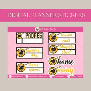 Puede incluir: Pegatinas digitales para planificador con diseños temáticos de béisbol. Las pegatinas presentan textos como "Padres", "Opening Day", "Home Opener", "Season Ends", "Playoffs Start", "Home" y "Away". Las pegatinas tienen una combinación de colores rosa y blanco.