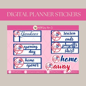 Puede incluir: Pegatinas digitales para planificador con temática de béisbol. Las pegatinas incluyen texto como "Yankees", "Opening Day", "Home Opener", "Season Ends", "Playoffs Start", "Home" y "Away". Las pegatinas son azules, rojas y blancas.