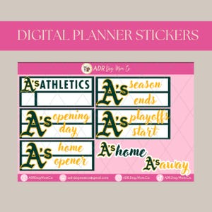 Puede incluir: Pegatinas digitales para planificador con fondo rosa y texto que dice "A's Athletics", "season ends", "opening day", "playoffs start", "home opener", "home" y "away". Las pegatinas tienen una combinación de colores verde y dorado.