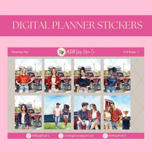 Puede incluir: Pegatinas digitales para planificador con ilustraciones de personas, camiones y escenas de estadio. Las pegatinas incluyen el texto "Opening Day" y la marca "ADR Dog Mom Co."