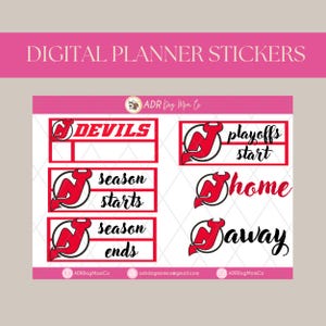 Könnte beinhalten: Digitale Planer-Aufkleber mit roten und schwarzen Grafiken. Der Text enthält "DEVILS", "season starts", "season ends", "playoffs start", "home" und "away". Die Aufkleber sind für die digitale Planung.