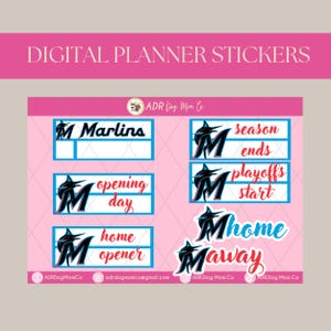 Puede incluir: Pegatinas de planificador digital con fondo rosa y el texto "DIGITAL PLANNER STICKERS". Las pegatinas presentan el logotipo de los Marlins de Miami y frases como "Marlins", "opening day", "home opener", "season ends", "playoffs start", "home" y "away".
