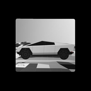 May include: A grayscale illustration of a futuristic, angular vehicle, likely an electric pickup truck. The vehicle has a distinctive, geometric design with black wheels and tinted windows. The background features a checkered pattern and a stylized landscape. The text "CYBER STUDIO" is visible.