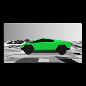 May include: A green geometric Cybertruck illustration with black wheels and windows. The background features a grayscale landscape. The lower left corner displays the text "CYBER STUDIO".