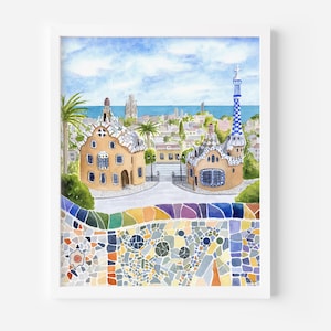 Barcelona Art Print | Park Güell Watercolor Painting | Housewarming Gift | Spain Travel Poster | Modernism Wall Art | Mediterranean Decor