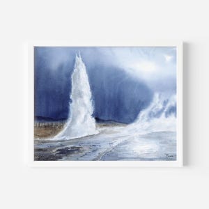 May include: Watercolor painting of a geyser erupting, with a white plume against a dark blue sky. The artwork is framed in a white border, showcasing the natural landscape and dramatic weather.