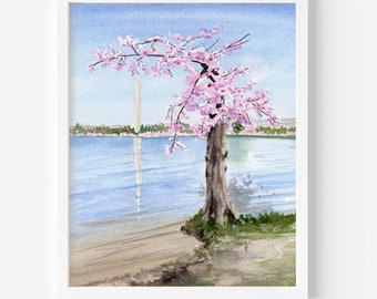 May include: A watercolor painting of a cherry blossom tree in full bloom, with the Washington Monument in the background. The tree is on the shore of a body of water, with a sandy beach in the foreground.